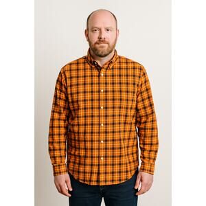 Club Room Men's XL Plaid Button-Down Shirt –Orange, Blue & White Cotton Stretch